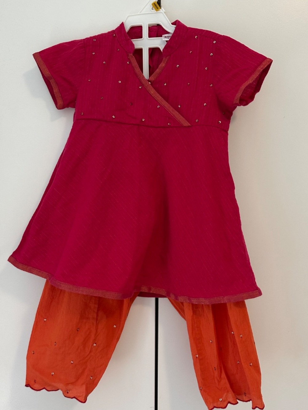 Fabindia Girls Ethnic Kurta Salwar Set Pink Orange Sequin Metallic 18-24M